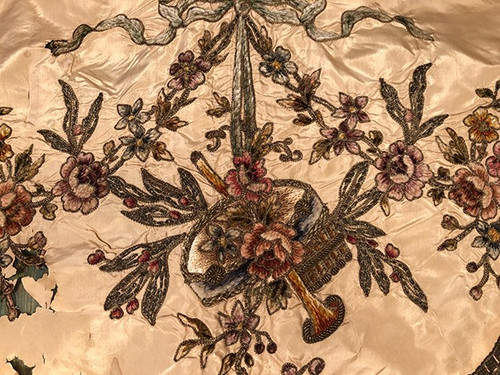 Bedspread converted into a silk portière with rich cannetille embroidery, 19th century