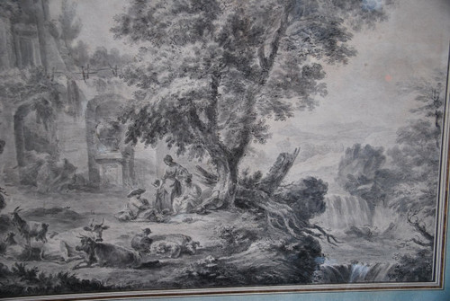 Large Drawing Scene Of Ruins And Characters, Late 18th Century