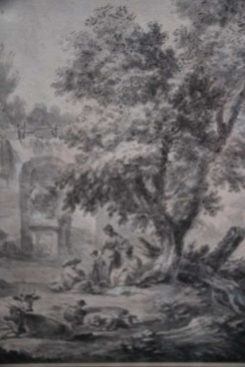 Large Drawing Scene Of Ruins And Characters, Late 18th Century