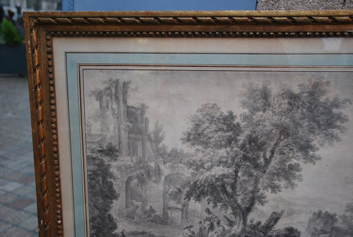 Large Drawing Scene Of Ruins And Characters, Late 18th Century