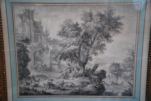 Large Drawing Scene Of Ruins And Characters, Late 18th Century