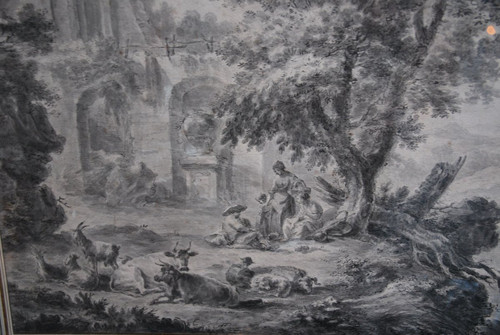 Large Drawing Scene Of Ruins And Characters, Late 18th Century