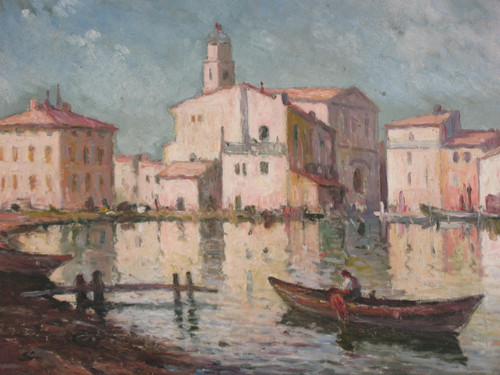 Martigues Quai Brescon Oil on Canvas Signed Mardieu 20th century View of Provence