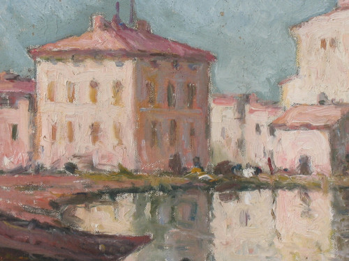 Martigues Quai Brescon Oil on Canvas Signed Mardieu 20th century View of Provence