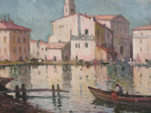 Martigues Quai Brescon Oil on Canvas Signed Mardieu 20th century View of Provence