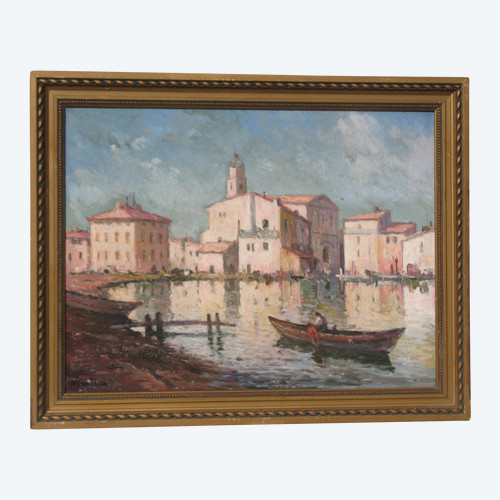 Martigues Quai Brescon Oil on Canvas Signed Mardieu 20th century View of Provence