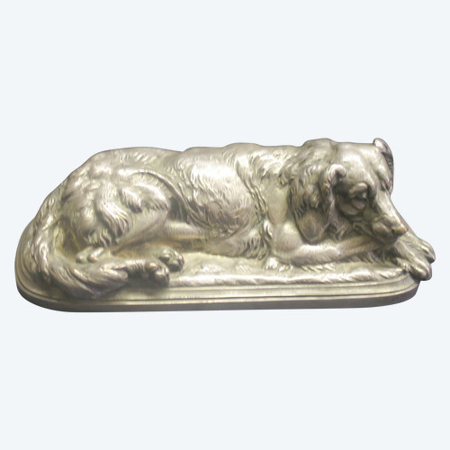 Dog in silver-plated bronze, signed Hingre