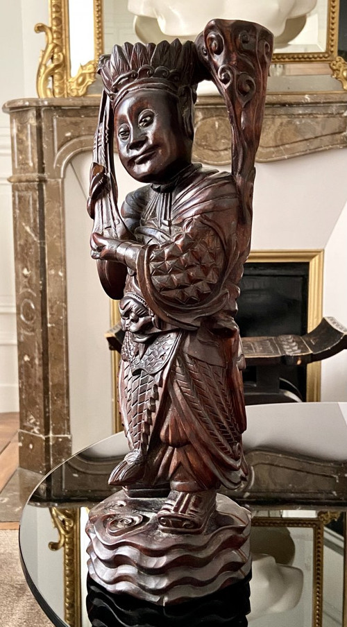 Vietnam, Vers 1900, Statue De Personnage De Haut Rang En Bois Sculpté.