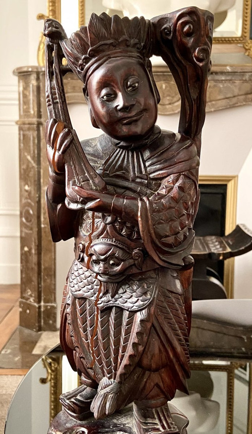 Vietnam, Vers 1900, Statue De Personnage De Haut Rang En Bois Sculpté.