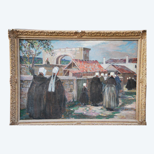 L'Ile De Ré , Procession à Saint Martin , Oil Signed Suzanne Minier