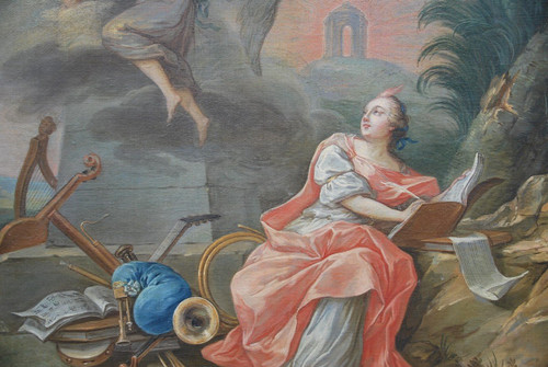 Grande olio su tela XVIII Allegoria di Lamusique Van Loo