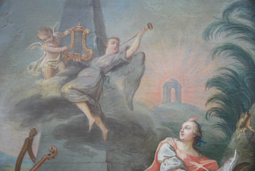 Grande olio su tela XVIII Allegoria di Lamusique Van Loo