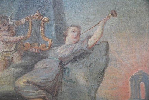 Grande olio su tela XVIII Allegoria di Lamusique Van Loo