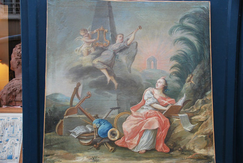 Grande olio su tela XVIII Allegoria di Lamusique Van Loo