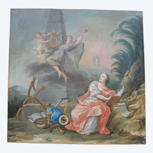 Grande olio su tela XVIII Allegoria di Lamusique Van Loo