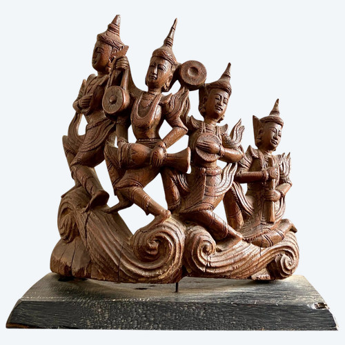 Burma, Early 20th Century, Wood Carving Four Musicians, Possibly Nat.