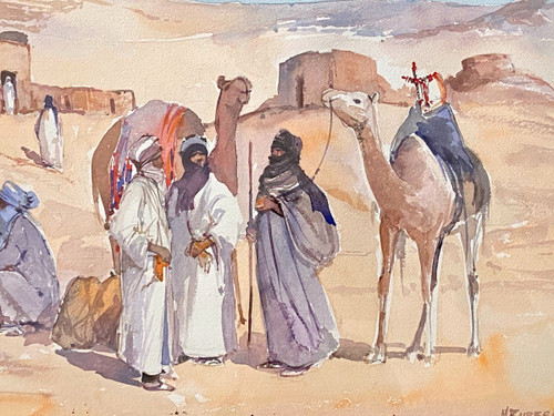 Michel Burbeau, Orientalisches Aquarell Belebte Szene In Einem Dorf Im Atlasgebirge.