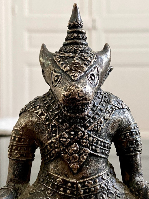 Thaïlande, Premier Tiers XXème Siècle, Statuette Bronze Argenté Divinité Tête Taureau.