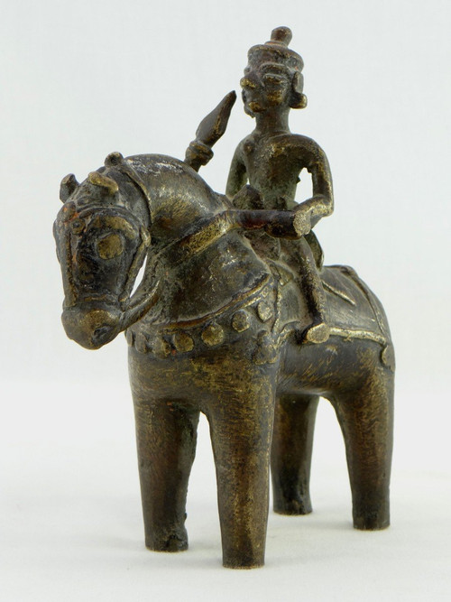 India, XIXth Century, Bronze Statuette Depicting A Divinity On Horseback.