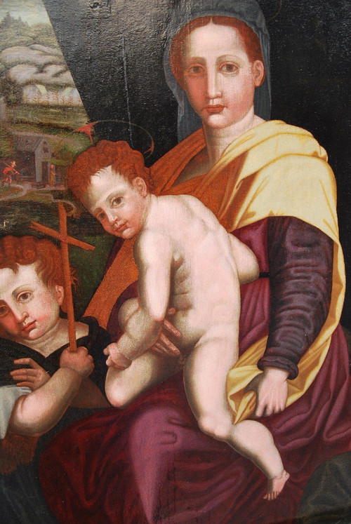 Virgin, Saint John the Baptist And the Child Jesus, 16th Century Italian Renaissance Oil