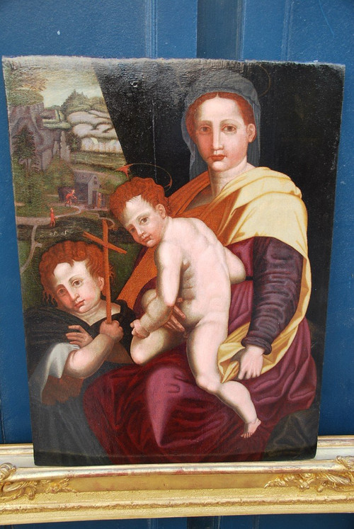 Virgin, Saint John the Baptist And the Child Jesus, 16th Century Italian Renaissance Oil