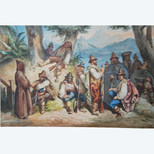 Watercolor The Rest of Italian Bandis, Attributed to Antoine Alphonse Montfort Around 1860