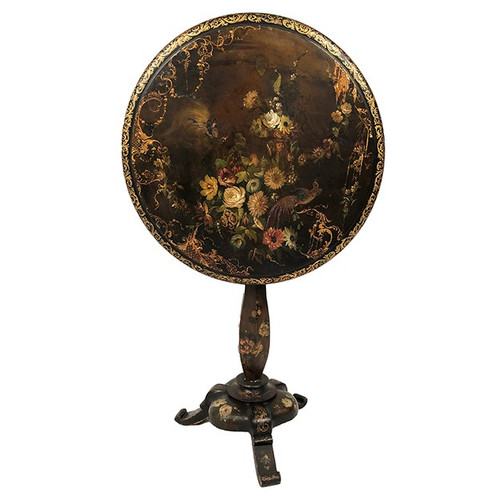 Tilting pedestal table in blackened wood with painted decoration of flowers and birds, Napoleon III period