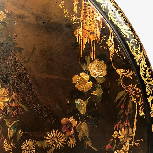 Tilting pedestal table in blackened wood with painted decoration of flowers and birds, Napoleon III period