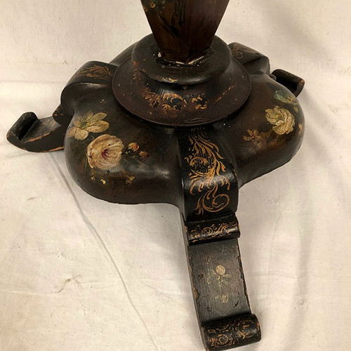 Tilting pedestal table in blackened wood with painted decoration of flowers and birds, Napoleon III period