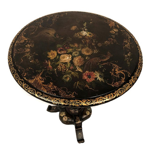 Tilting pedestal table in blackened wood with painted decoration of flowers and birds, Napoleon III period