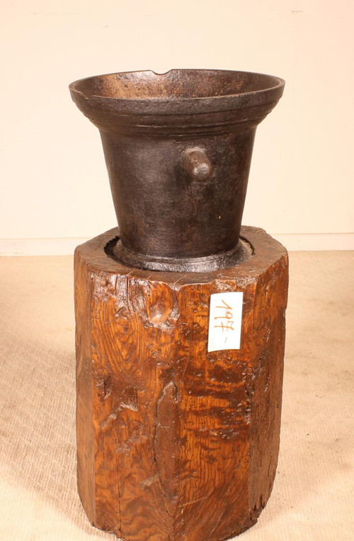 Cast Iron Mortar Circa 1600 With Its Original Block