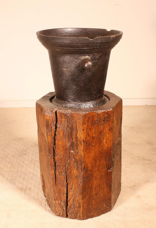 Cast Iron Mortar Circa 1600 With Its Original Block