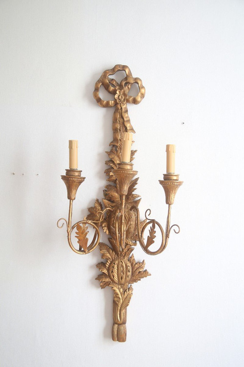 Pair Of Louis XVI Style Golden Wood Sconces