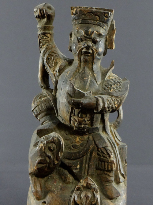 China, XIXth Century Or Earlier, Chao Kung Ming Carved Wood Statue, God Of Wealth.