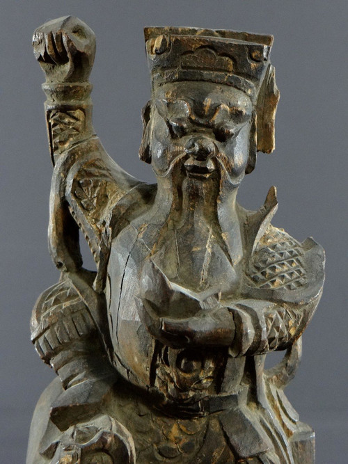 China, XIXth Century Or Earlier, Chao Kung Ming Carved Wood Statue, God Of Wealth.