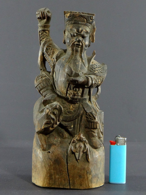 China, XIXth Century Or Earlier, Chao Kung Ming Carved Wood Statue, God Of Wealth.