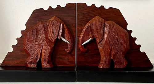 Francia, Anni '30/'50, Coppia Di Fermalibri Elefante In Legno E Metallo.