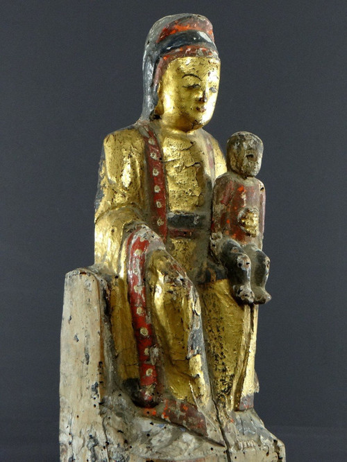 China, späte Ming-Zeit, beginnende Qing-Zeit, 17. Jahrhundert, Kouan-Yin-Statue aus lackiertem und vergoldetem Holz.