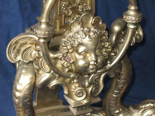 Pair of large andirons andirons in gilded bronze in the Louis XIV style, 19th century