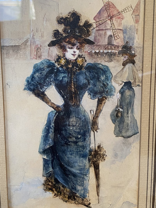 Französische Schule, La Parisienne Au Moulin Rouge, Aquarell um 1900 – monogrammiert