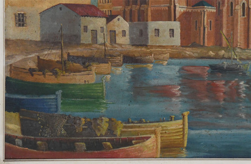 G. ECKERT Huile sur toile « Basilique Notre-Dame-de-la-Victoire de Saint-Raphaël et les barques au port » 