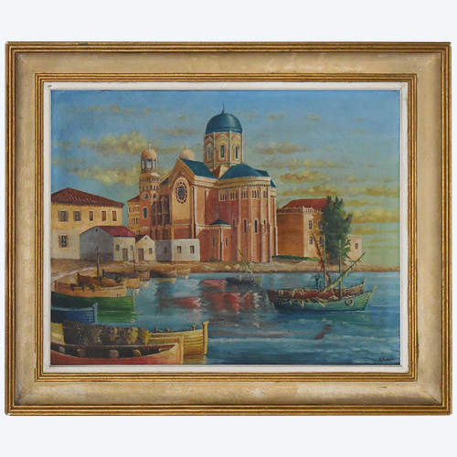 G. ECKERT Huile sur toile « Basilique Notre-Dame-de-la-Victoire de Saint-Raphaël et les barques au port » 