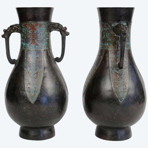 Pair of Japanese bronze vases with enamel decoration