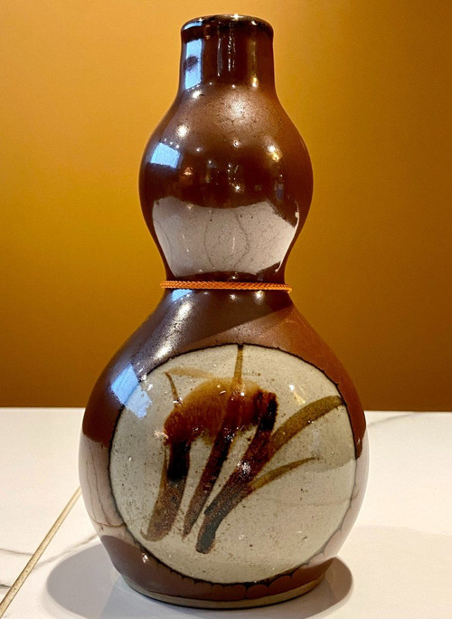 Japon, Milieu Du XXème Siècle, Vase-bouteille Double Gourde En Céramique.