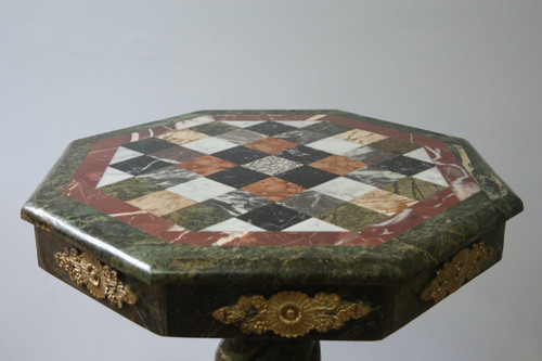 Empire-style pedestal table in green marble and marble marquetry