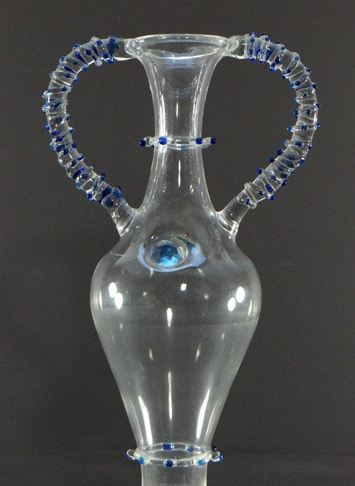 France, 1950s, Blown Glass Vase With Two Handles Added Hot.