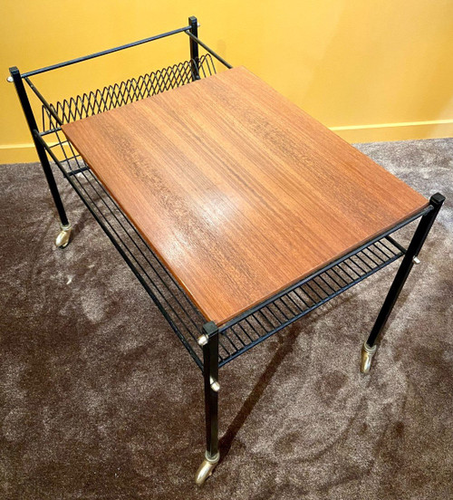 France, 1960s, Coffee Table On Wheels For Storage Records And Books.