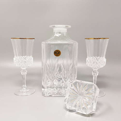 1970 Bellissimo decanter in cristallo con 2 bicchieri in cristallo della RCR. Fatto in Italia