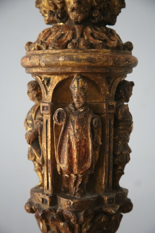 Carved, gilded and painted wood candleholder, Spanish work, 17th century