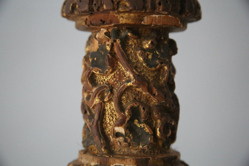 Carved, gilded and painted wood candleholder, Spanish work, 17th century